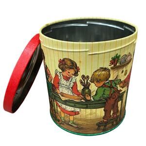 Vintage Potpourri Press Tin Children Baking Round Metal Canister Storage Can